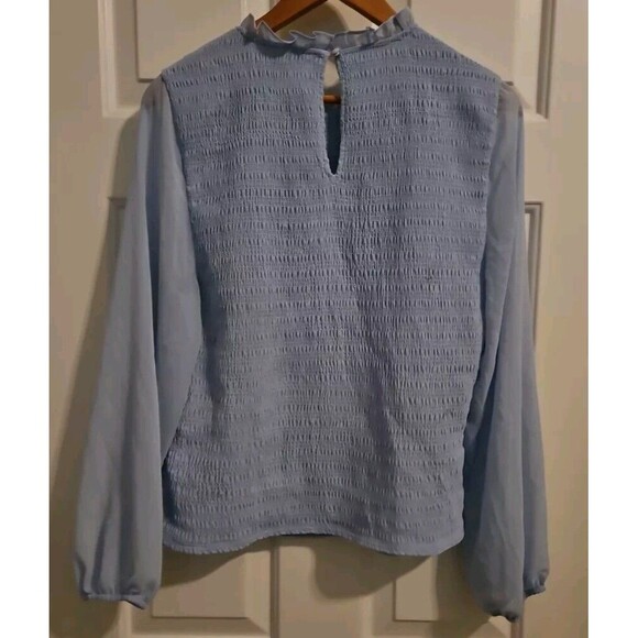 Halogen Sz XL Women's Light Blue Top Ruffle Neck Sheer Long Sleeves Blouse - Picture 2 of 8